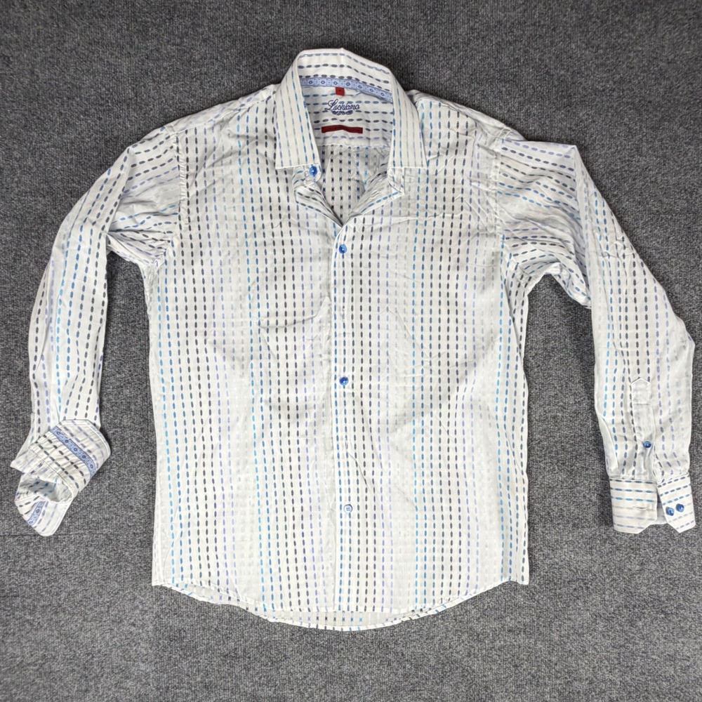 Luchiano Visconti Mens Blue White Patterned 2-Ply Mercerized Cotton Shirt Size M